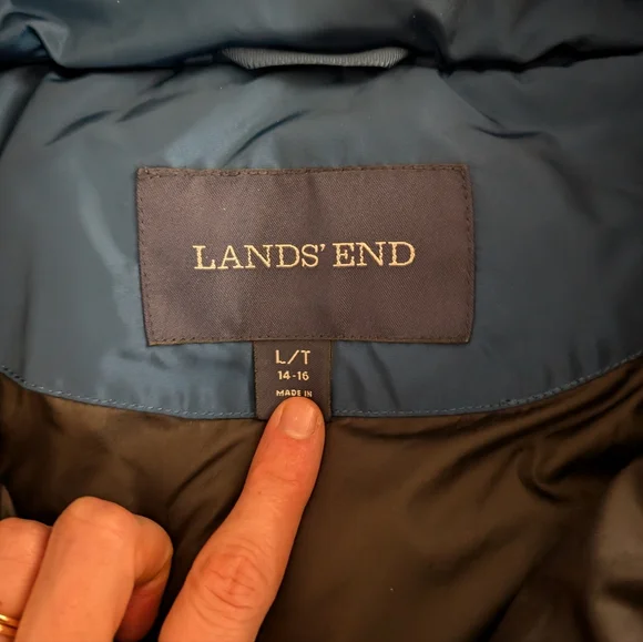 Lands' End Navy Blue Tie Waist Midi Puffer Coat Faux Fur LT Large Tall 14-16 - Picture 8 of 11